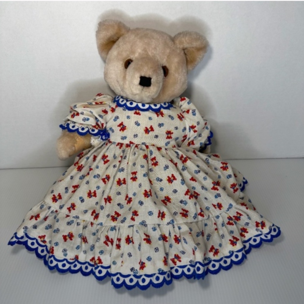 Vintage Wangs International 12” Jointed Teddy Bear -Dress w/Bears & Bloomers